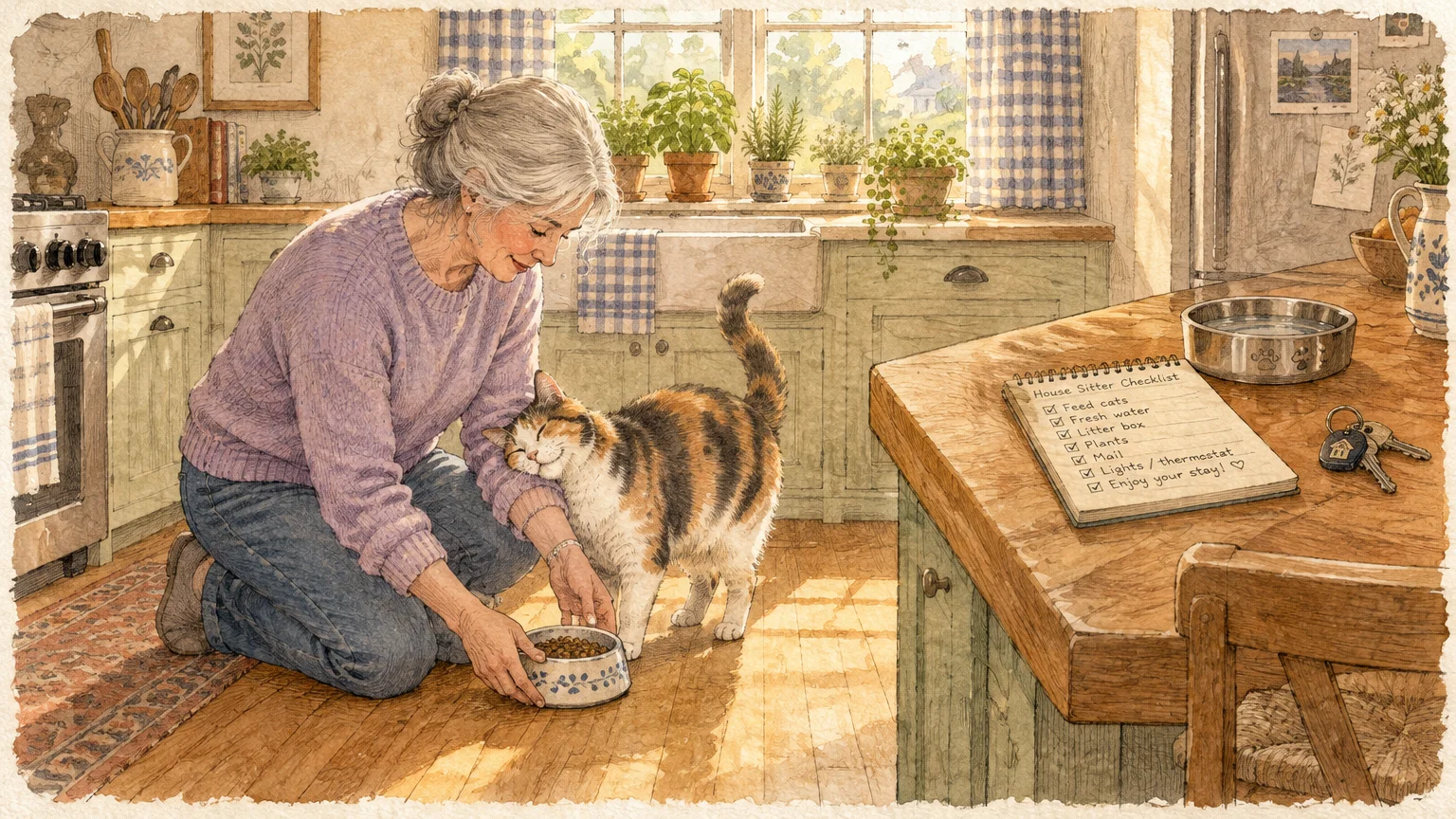 Illustration of an older woman kneeling in a kitchen, petting a calico cat near a food bowl and a checklist notepad.