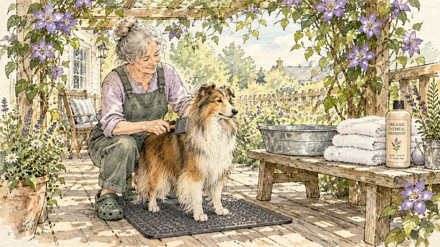 Watercolor illustration of an older woman brushing a collie outdoors on a sunny wooden deck surrounded by flowers.