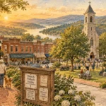 Watercolor illustration of a scenic riverside town commons with a church, library, shops, and gathered residents at sunset.