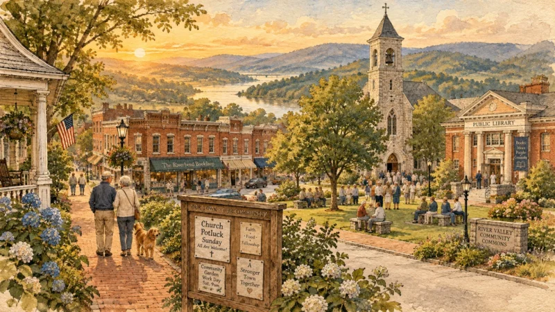 Watercolor illustration of a scenic riverside town commons with a church, library, shops, and gathered residents at sunset.