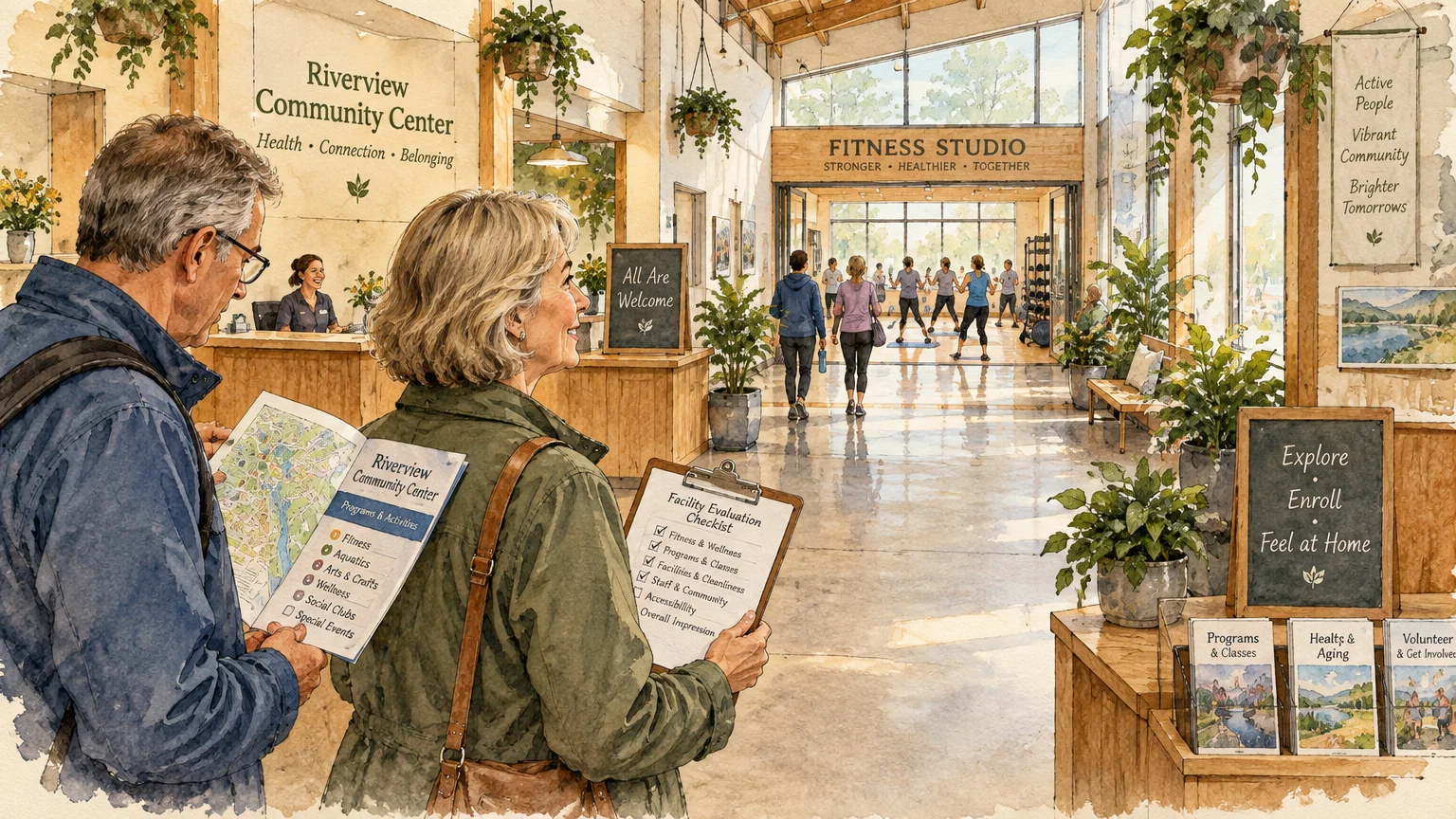 Watercolor illustration of an older couple holding brochures and a checklist inside a bright community center lobby.