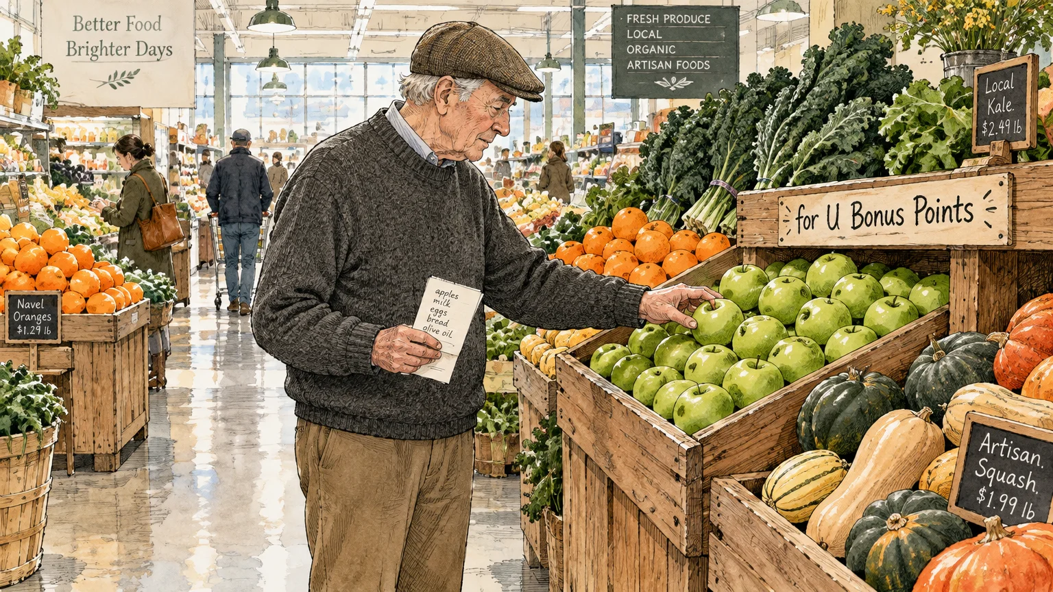 Illustration of an elderly man holding a grocery list while selecting green apples in a supermarket produce aisle.