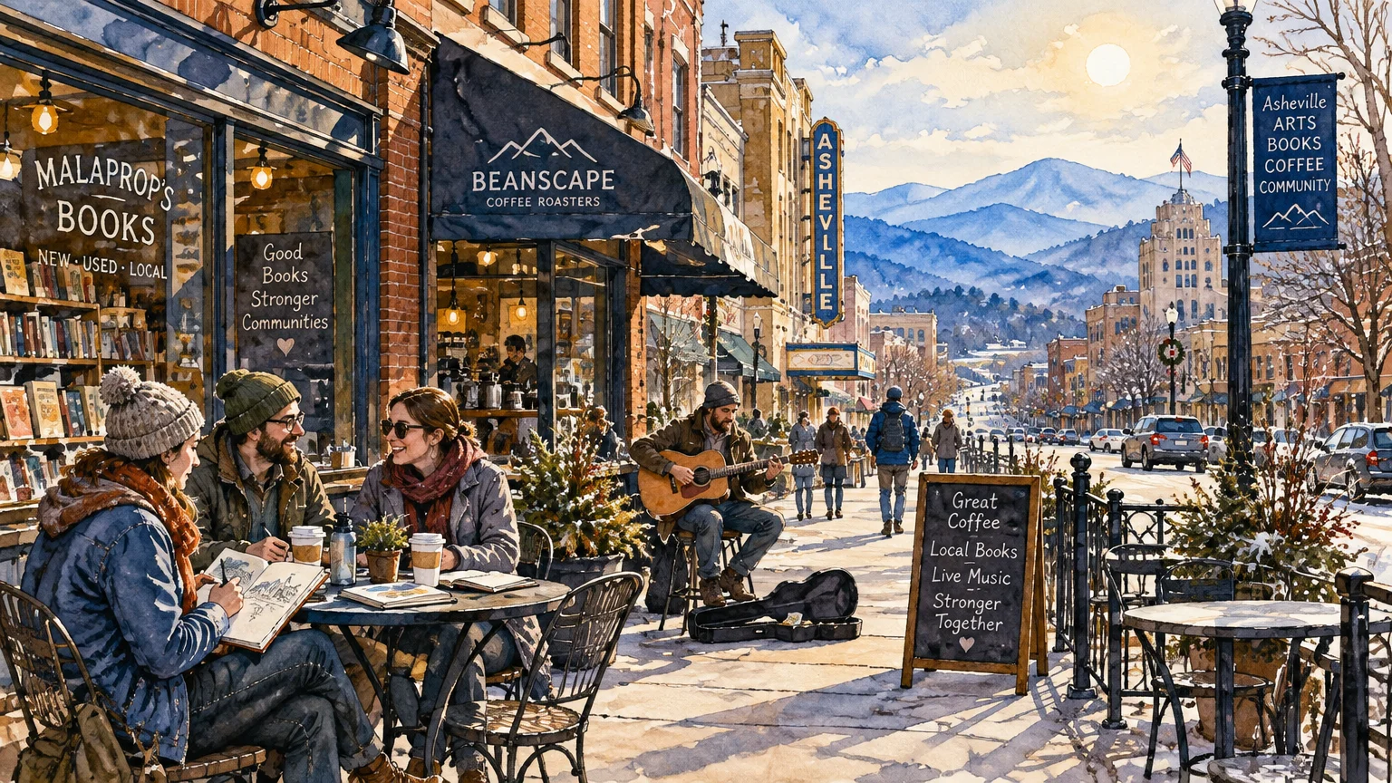 Watercolor illustration of people sitting outside a bookstore and coffee shop on a sunny, snowy downtown street.