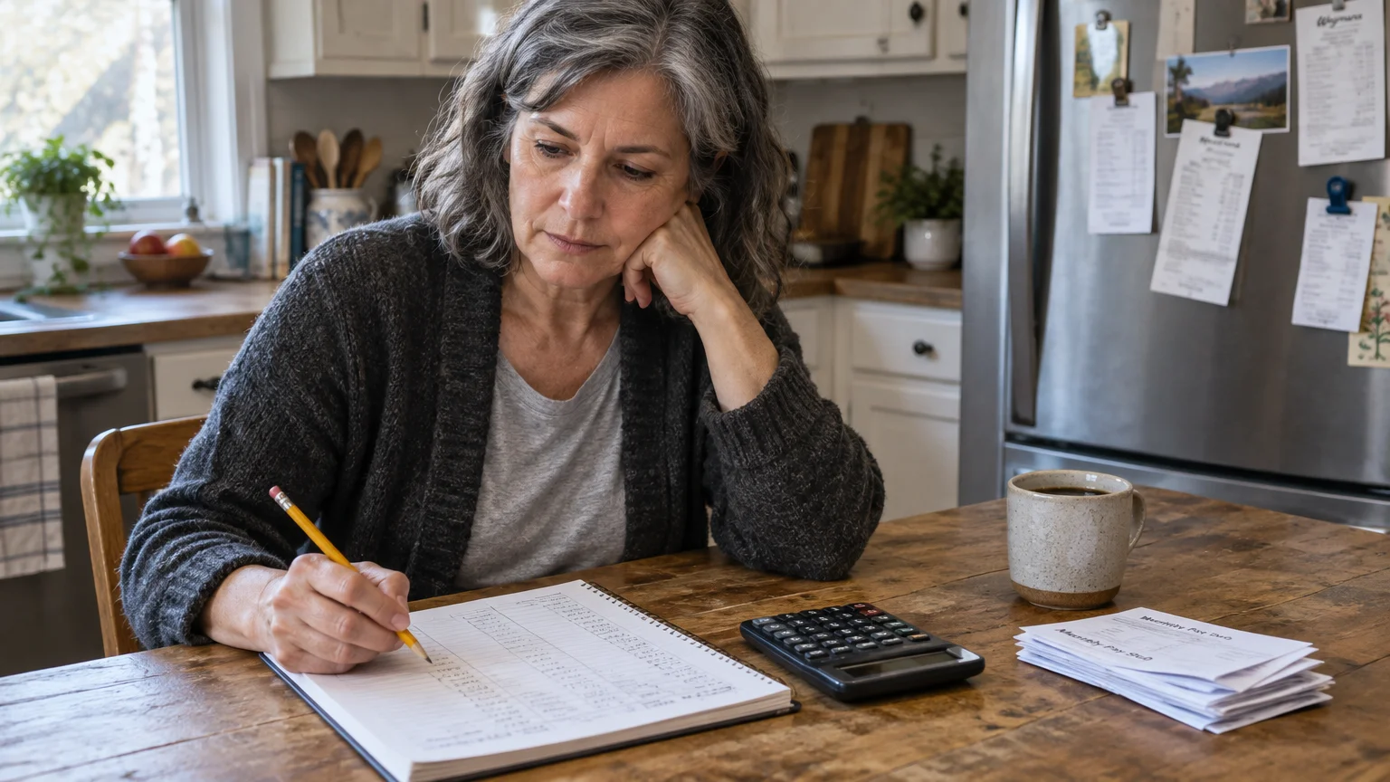 A woman sitting at a wooden kitchen table writing in a notebook beside a calculator, papers, and a coffee mug.