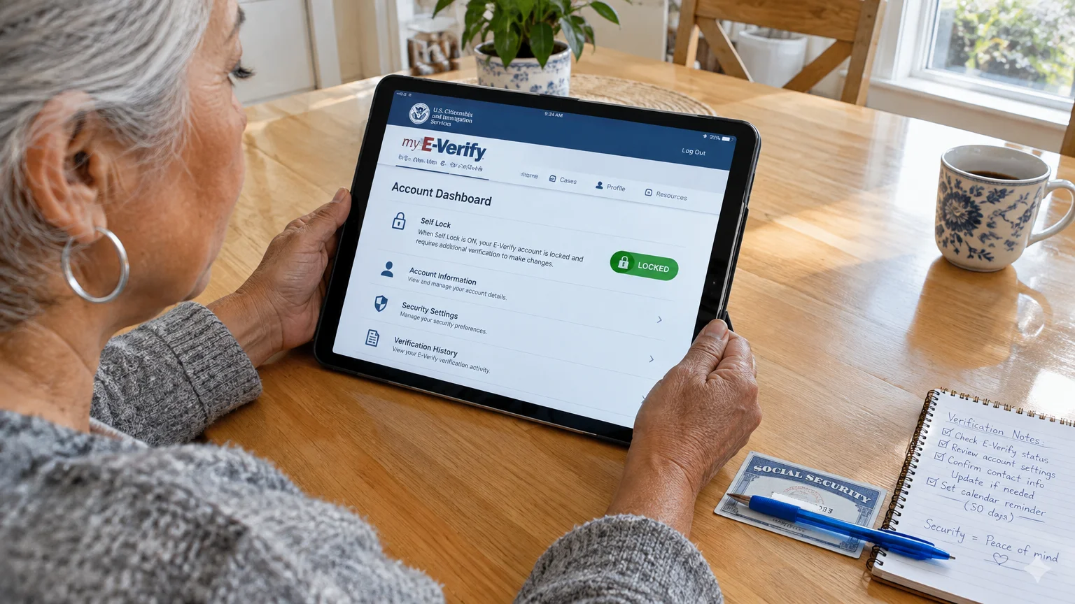 A woman holds a tablet displaying the myE-Verify Self Lock dashboard beside a Social Security card and notebook.