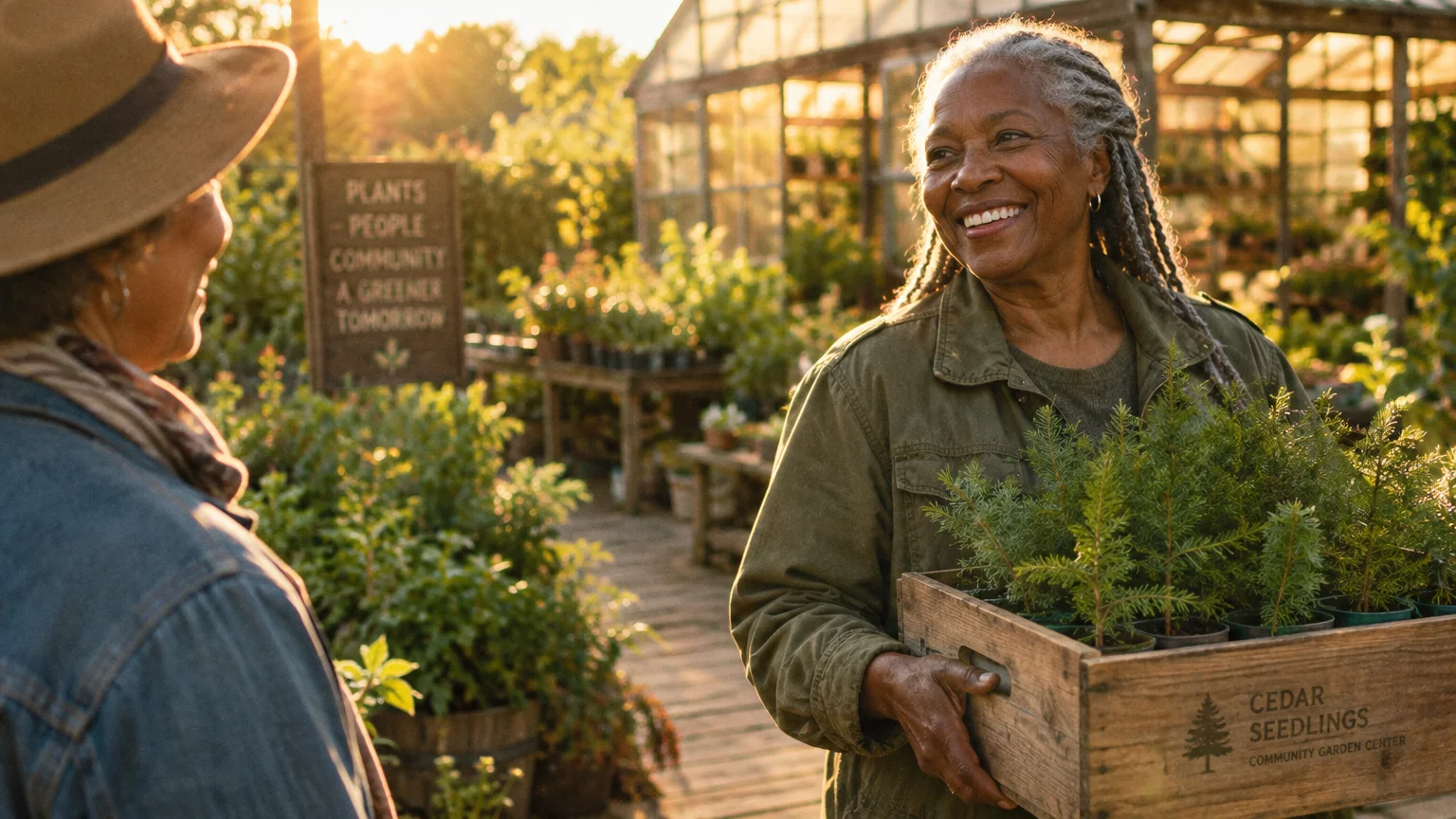 Smiling woman with braided gray hair holding a wooden crate of cedar seedlings at an outdoor plant nursery.