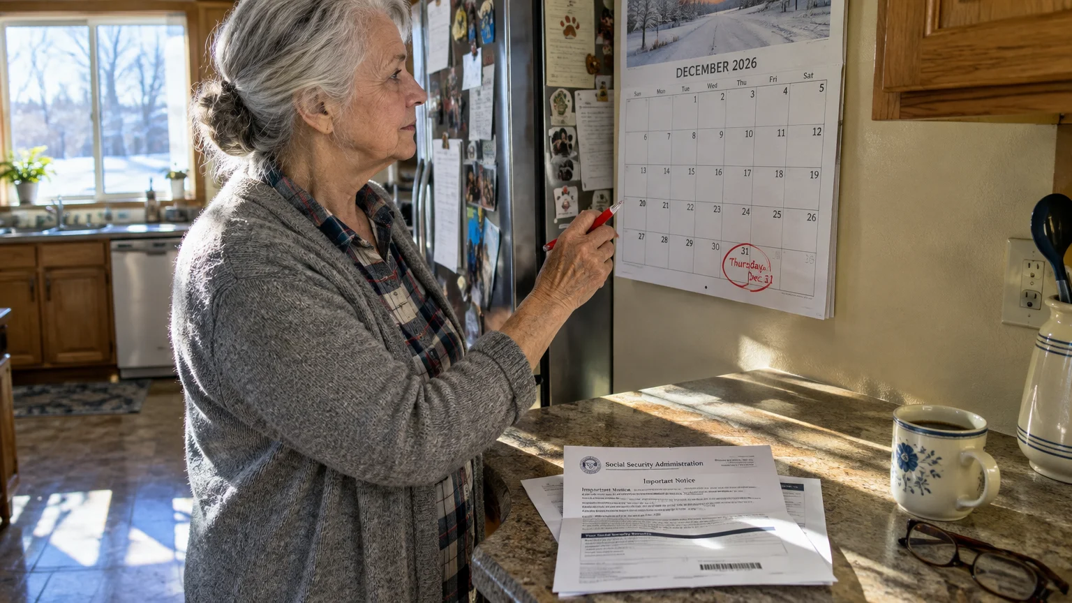 An older woman marks December 31, 2026, on a wall calendar beside a Social Security Administration notice on the counter.
