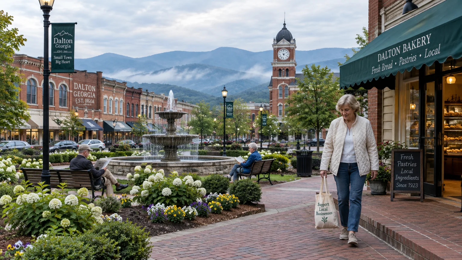Woman walking along a brick town square with a fountain, bakery, clock tower, and misty mountains in the background.