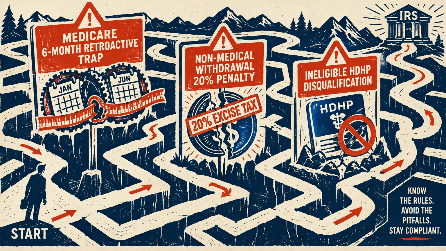 Woodcut-style maze with red penalty signs along paths leading a businessman toward an IRS building on a mountain.