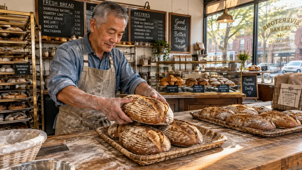 A senior Asian male baker in a flour-dusted apron arranges fresh sourdough loaves on a bakery counter.