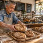 A senior Asian male baker in a flour-dusted apron arranges fresh sourdough loaves on a bakery counter.