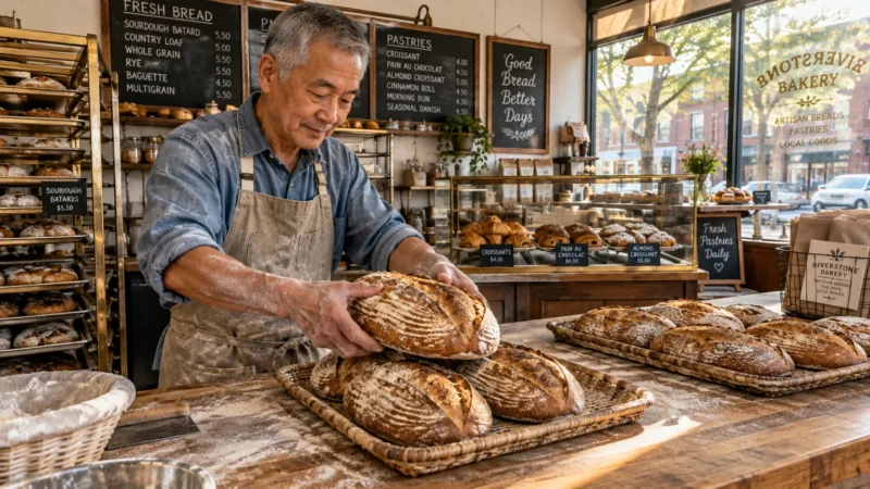 A senior Asian male baker in a flour-dusted apron arranges fresh sourdough loaves on a bakery counter.